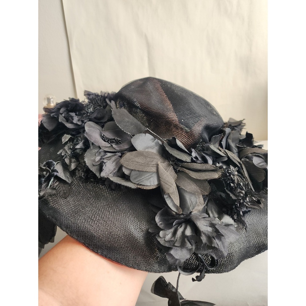Vintage Jack McConnell New York Black Floral 18" Brim Designer Millinery Hat